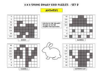 Spring Theme Binary Number 8x8 Grid Puzzles - 12 puzzles, No Prep