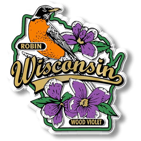 Wisconsin State Bird & Flower Map Magnet design features a