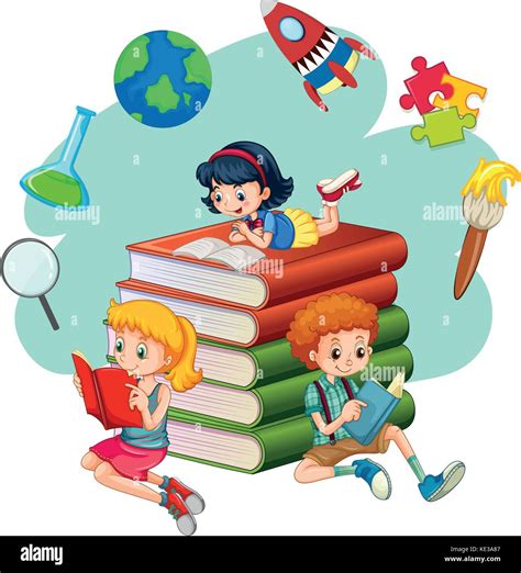 Three kids reading books illustration Stock Vector Image & Art - Alamy