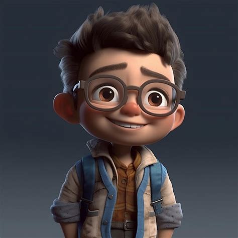 Premium Photo | Pixar 3d render cartoon character of a boy with glasses and school bag 3d render ...