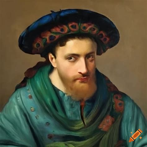 Renaissance style painting of a man with peacock feathers on Craiyon