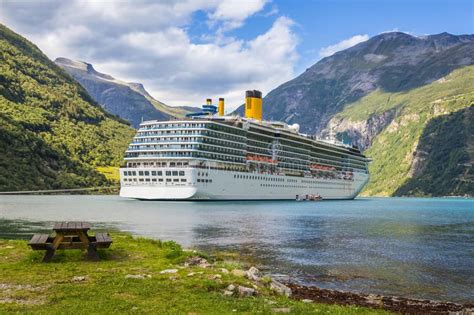 Large luxury cruise ship in Norway fjords. View over a large luxury ...