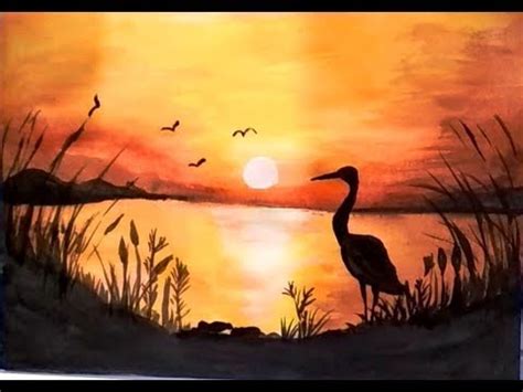 how to paint sunset with lakeview and crane bird silhouette painting ...