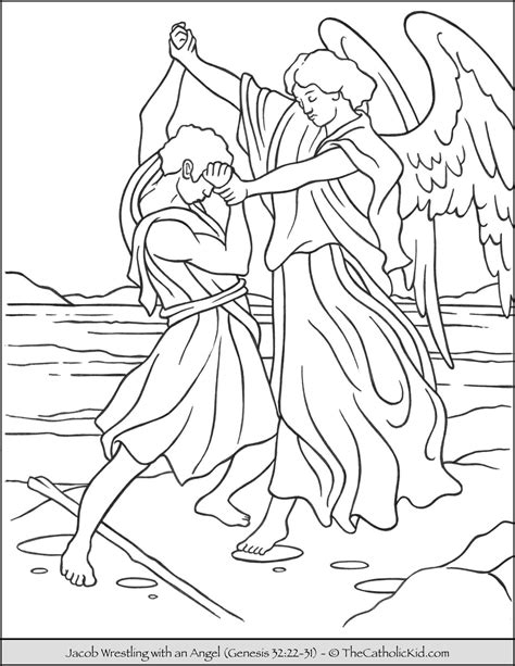 Jacob Wrestles Angle Bible Coloring Page - TheCatholicKid.com