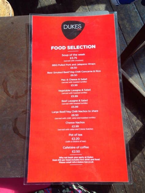 Menu at Dukes Bar, Glasgow