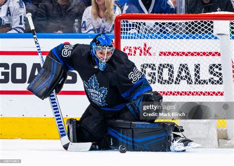 Petr Mrazek of the Toronto Maple Leafs makes a save against the New ...