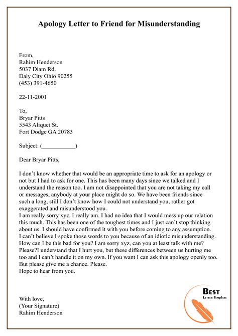 APOLOGY LETTER TO FRIEND FOR MISUNDERSTANDING-01 – Best Letter Template