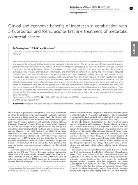 (PDF) Cunningham D, Falk S, Jackson DClinical and economic benefits of irinotecan in combination ...