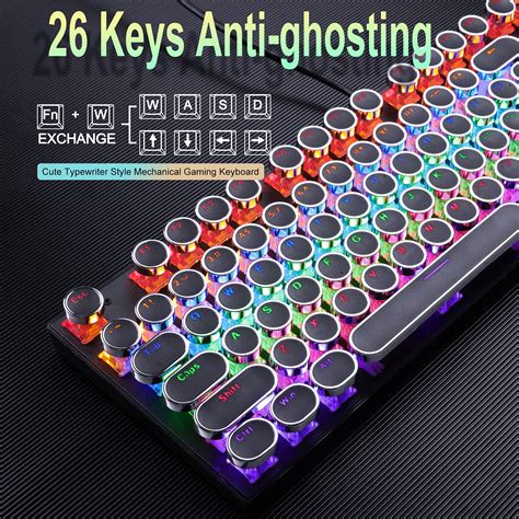 Typewriter Style Mechanical Gaming Keyboard, Black Retro Punk Gaming Keyboard with RGB Backlit ...