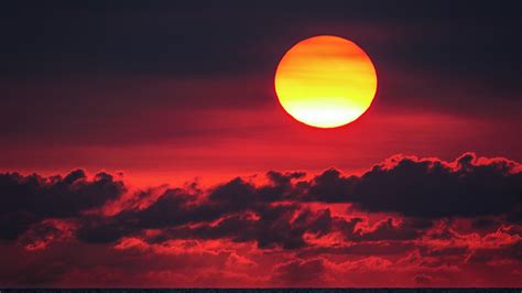 sunset, sun, red, clouds, sea, 4k HD Wallpaper