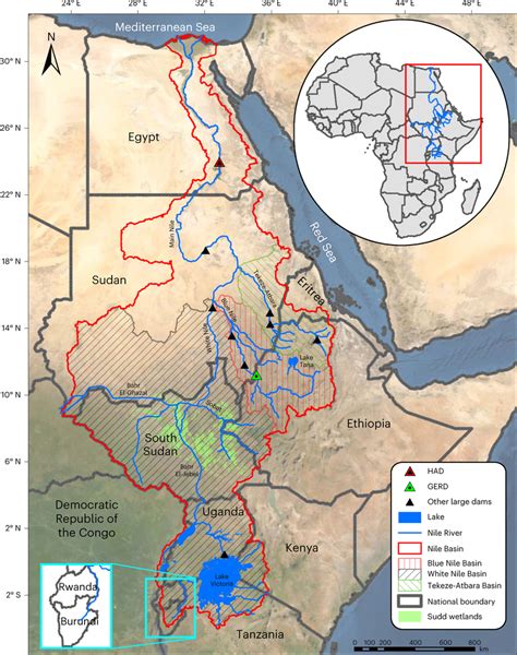 The Nile Basin and its major tributaries and dams The map shows the ...