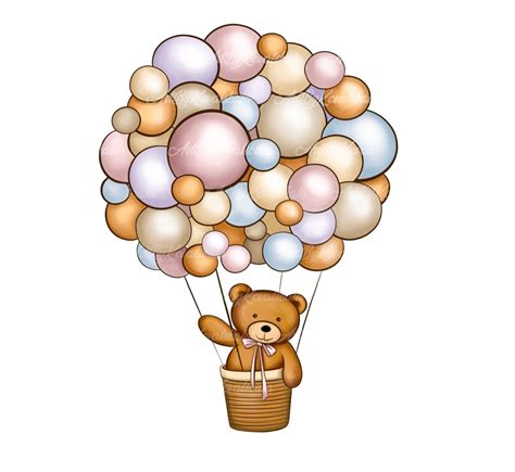 a teddy bear flying in a basket filled with balloons