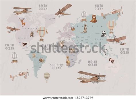 Animals World Map Kids Wallpaper Design Stock Illustration 1822713749 | Shutterstock