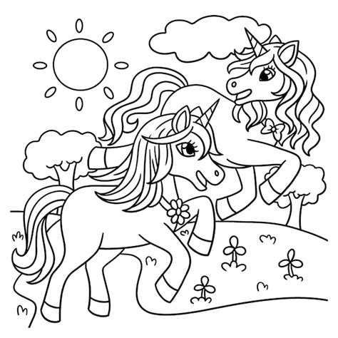 Premium Vector | Unicorn with a friend coloring page for kids