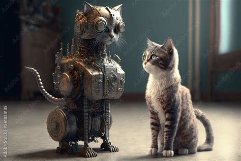 Futuristic robot cat and real cat, mechanical robot pet, generative ai ...