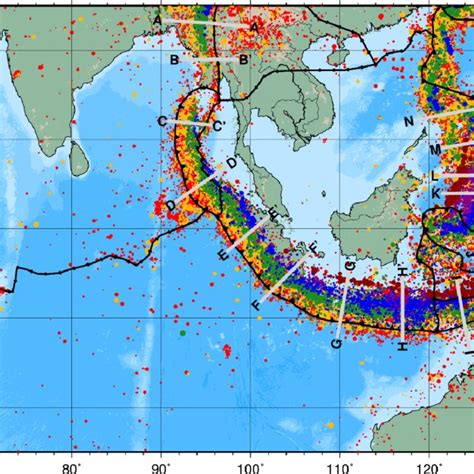 Map of seismicity in study area (earthquakes are colour coded for depth... | Download Scientific ...