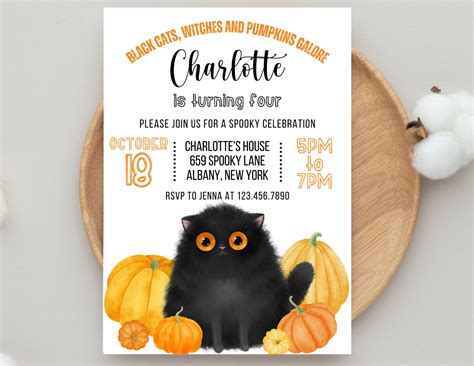 Black Cat Birthday Invitation Halloween Birthday Party Invitation Cat ...