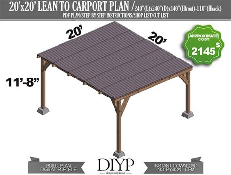 Lean to Carport Plans 20x20 Car Garage Plans Attached Car - Etsy