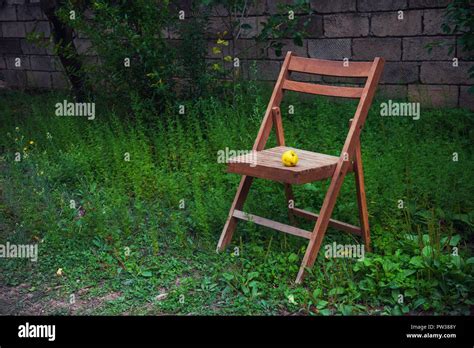 Old wooden folding chair in the country garden Stock Photo - Alamy