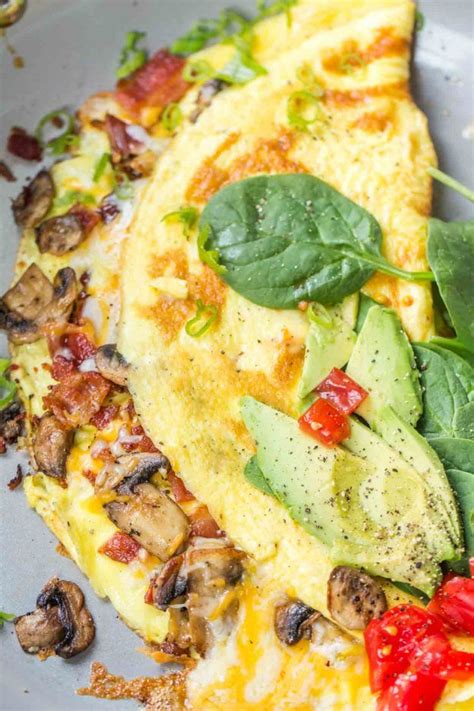 The best recipe for egg omelets loaded with cheese, mushrooms and bacon. Simple breakfast recipe ...