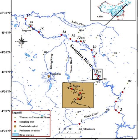 Map of the sampling locations in the Songhua River | Download ...