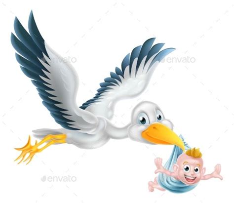 A happy cartoon stork bird animal character flying through the air holding a newborn baby ...