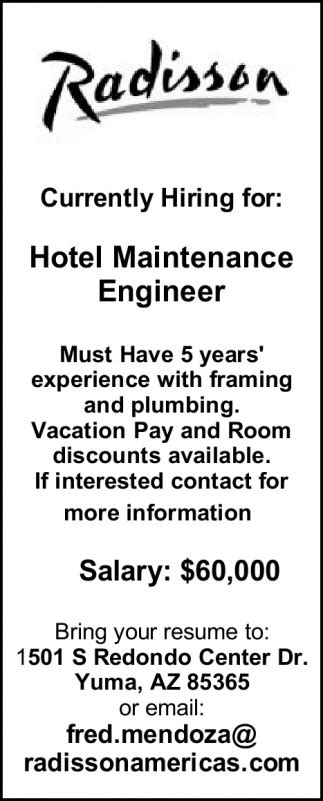 Hotel Maintenance Engineer, Radisson , Yuma, AZ