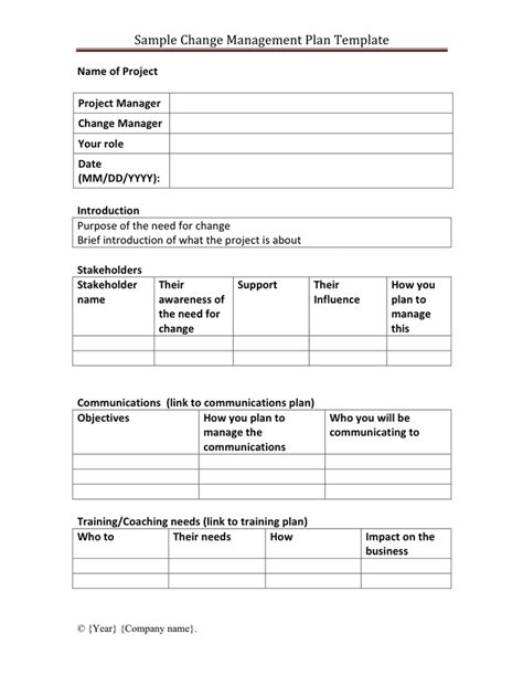 Sample change management plan template in Word and Pdf formats