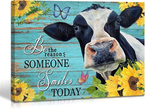 Qute Cow Flower Picture Canvas Print Motivational Quotes Wall Decor Art ...