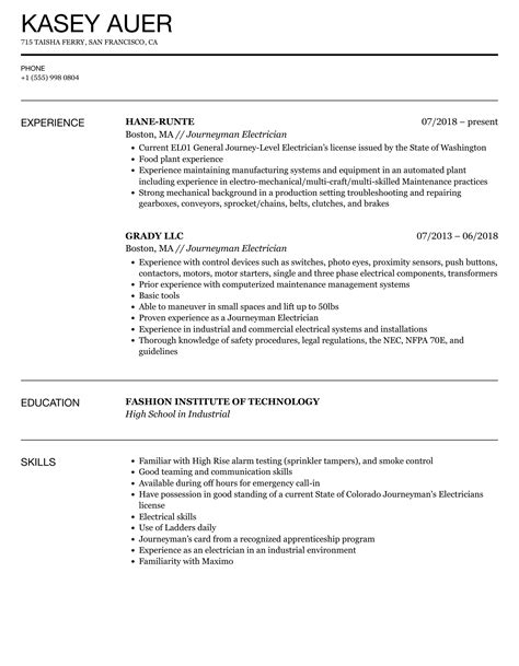 Journeyman Electrician Resume Samples | Velvet Jobs