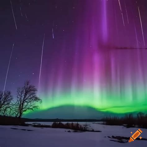 Stunning aurorae and meteor shower in the dark night sky