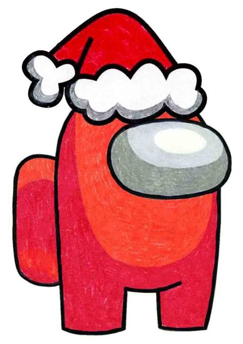 Easy How to Draw Among Us Santa Tutorial and Coloring Page