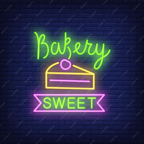 Free Vector | Bakery sweet neon sign. slice of cake with cherry.