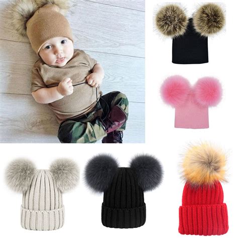 Toddlers Hat Baby Pom Beanie Super Large Bobble Hat Kids Faux Fur Pom ...