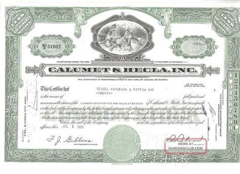 Calumet & Hecla, Inc. Vintage Stock Certificate Dated 1966