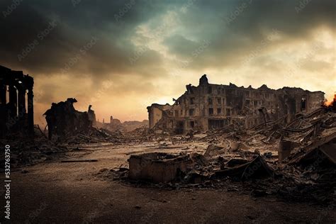 Destroyed cities after bombing raid, ruins, destroyed building, dust and burnt villages ...