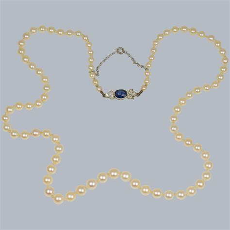 Vintage Pearl Necklace Sapphire Diamond Clasp - The Chelsea Bijouterie