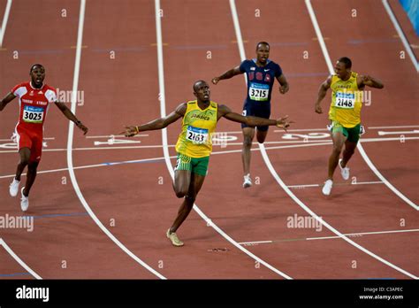 Usain Bolt wins the 100m in world record time of 9.69 seconds at the 2008 Olympic Summer Games ...