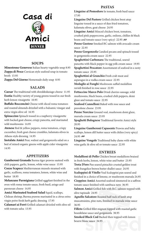 Casa di Amici Restaurant menu in West Vancouver, British Columbia, Canada