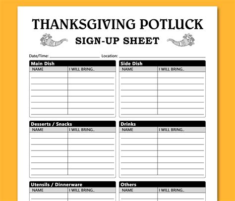 Thanksgiving Potluck Sign Up Sheet Printable Template, Potluck Brunch ...