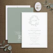 QR Code Sage Green Leafy Crest Monogram Wedding Invitation | Zazzle