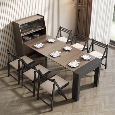 Modern Extendable Dining Table with Storage Rectangle Sideboard Glass Door Walnut & Gray-Homary