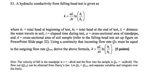 Solved A hydraulic conductivity from falling-head test is | Chegg.com