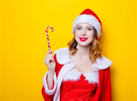 Santa Clous Girl in Red Clothes with Candy Stock Image - Image of face ...