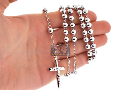 Sterling Silver Rosary Beads Mens Cross Necklace 7 mm 24 28 inch