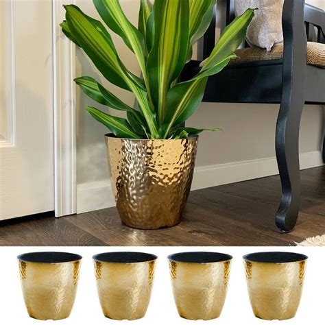 Misco 4 Pack 10 Inch Round Metallic Hammered Plastic Flower Pot Garden Planter, Gold | Flower ...