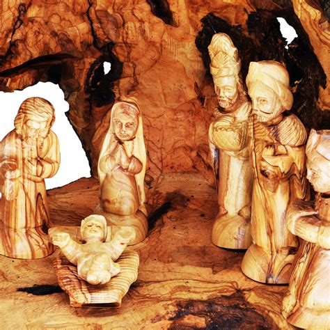 Natural Nativity Cave Log with Figurines & Camels - Israel