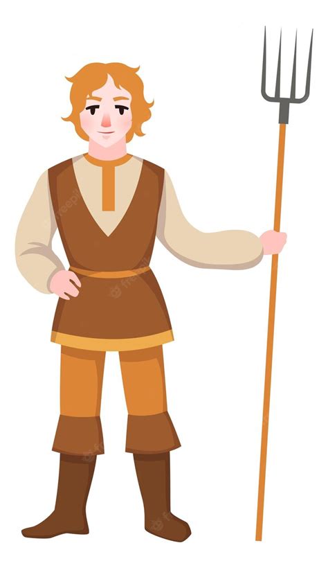 Premium Vector | Peasant man with pitchfork ancient farmer medieval character