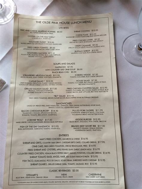 Menu at Olde Pink House restaurant, Savannah