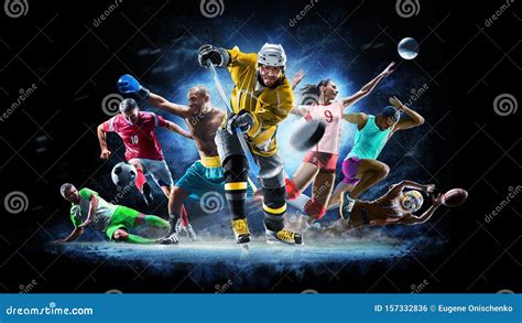 Sport Collage. Americam And Soccer Football, Swimming, Volleyball Isolated On White Studio ...